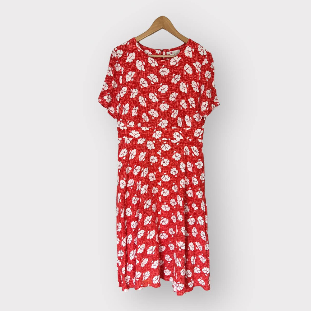 Boden Women's Size 10R Orange White Midi Dress Pockets Crepe Floral - Picture 2 of 10